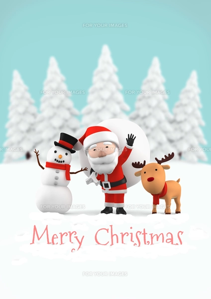 クリスマスカード サンタクロースと雪だるまとトナカイ 3Dイラストの