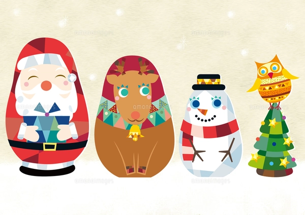 サンタクロース・トナカイ・雪だるま・フクロウのマトリョーシカの