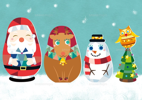 サンタクロース・トナカイ・雪だるま・フクロウのマトリョーシカの