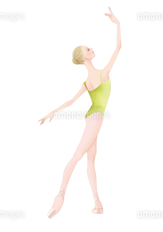 黄緑色のレオタードを着てバレエのレッスンをする女性のイラスト素材