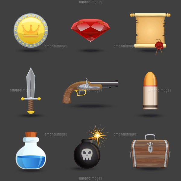 Game resources play elements black icons set of gem gun bullet isolated ...
