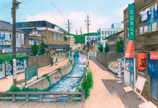 懐かしい昭和の街並みのイラスト素材 [FYI04079623] | ストックフォト