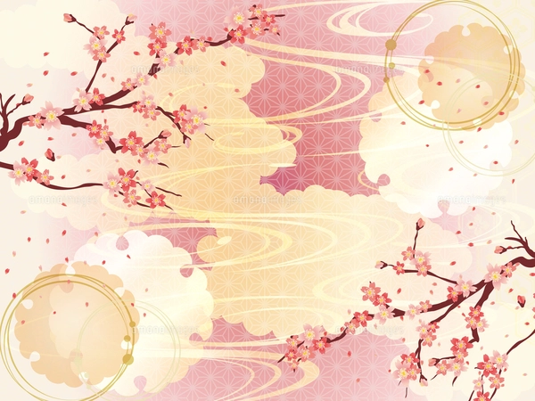 桜日本画 金色フレーム 桜と金の和柄の窓枠フレームのイラスト素材 [FYI04535038