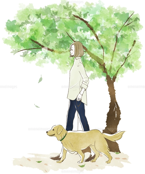 犬の散歩をする夫婦・カップル-新緑のイラスト素材 [FYI04561073