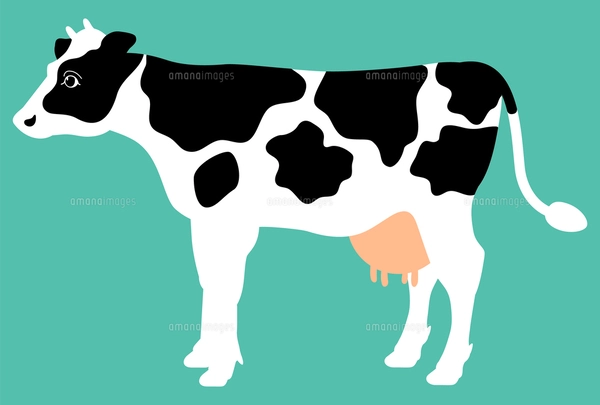 水色を背景に描かれた白黒模様のある牛の全身イラスト【横向き