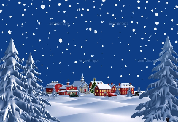 クリスマスの町 夜 雪空 遠景 メリークリスマスのイラスト素材