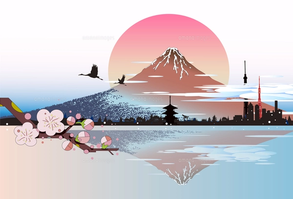 浮世絵風景、逆さ富士山のイラスト素材 [FYI04818259] | ストック