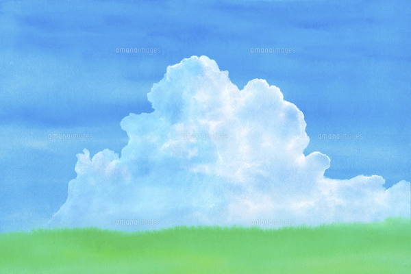 緑の草原に青空と夏雲水彩画のイラスト素材 [FYI04866418] | ストック