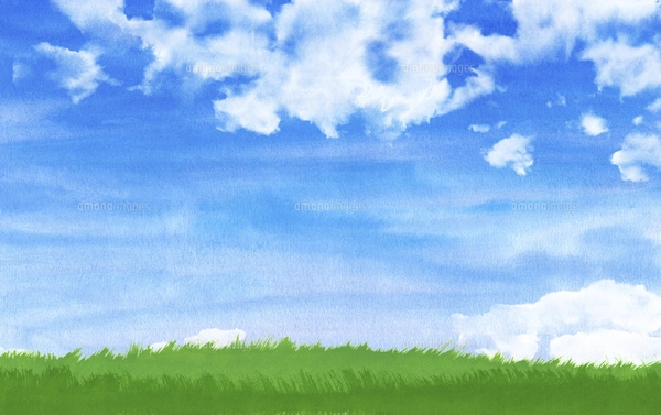 緑の草原に青空と夏雲水彩画のイラスト素材 [FYI04866418] | ストック
