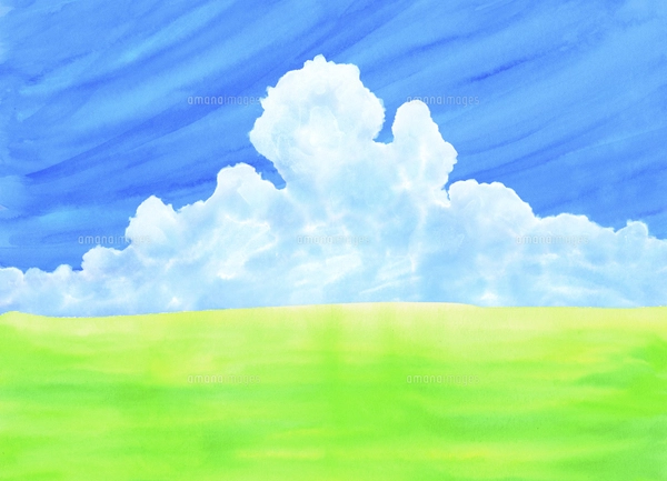 緑の草原に青空と夏雲水彩画のイラスト素材 [FYI04866412] | ストック