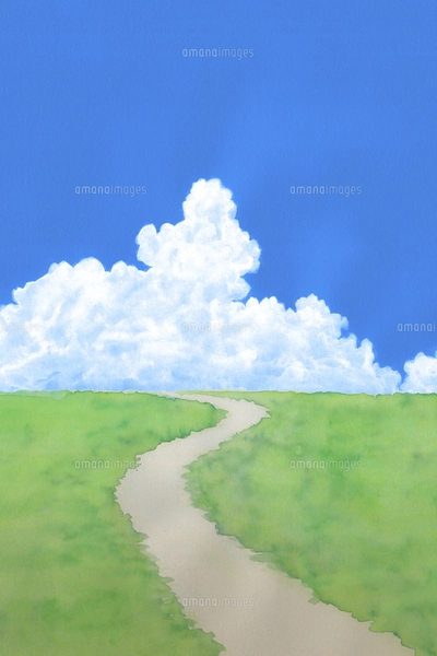 緑の草原に青空と夏雲水彩画のイラスト素材 [FYI04866417] | ストック