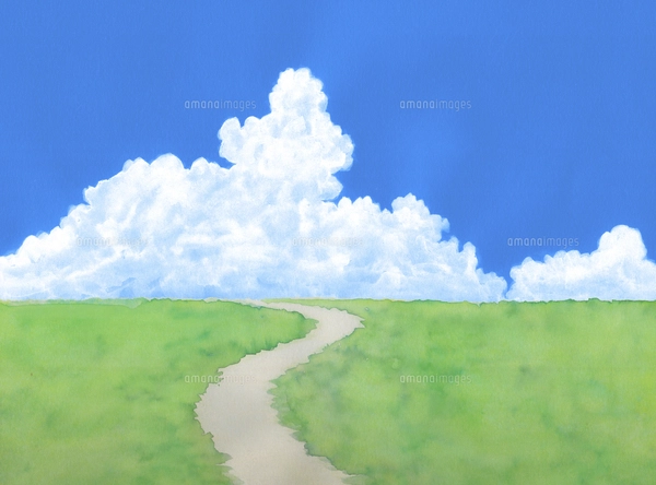 緑の草原に青空と夏雲水彩画のイラスト素材 [FYI04866416] | ストック