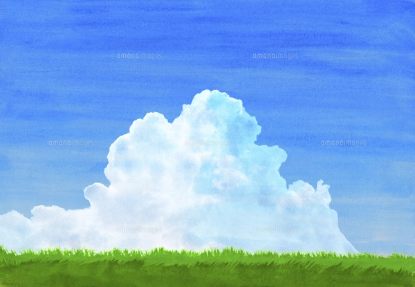 緑の草原に青空と夏雲水彩画のイラスト素材 [FYI04866412] | ストック