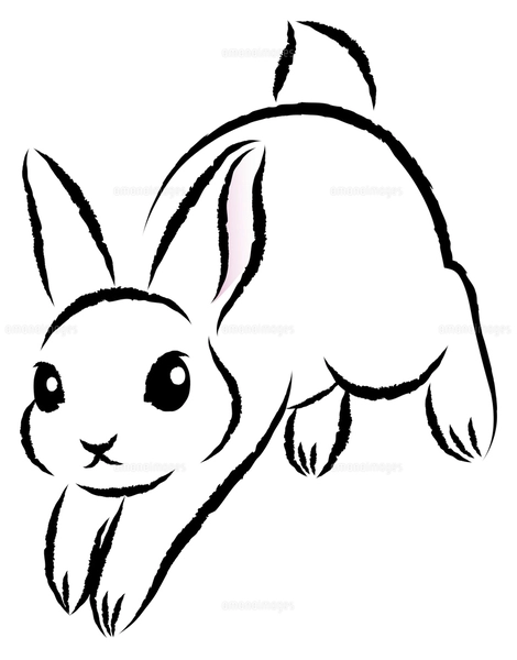 元気に飛び跳ねているウサギ 絵筆で描いた墨絵風のお洒落なイラスト