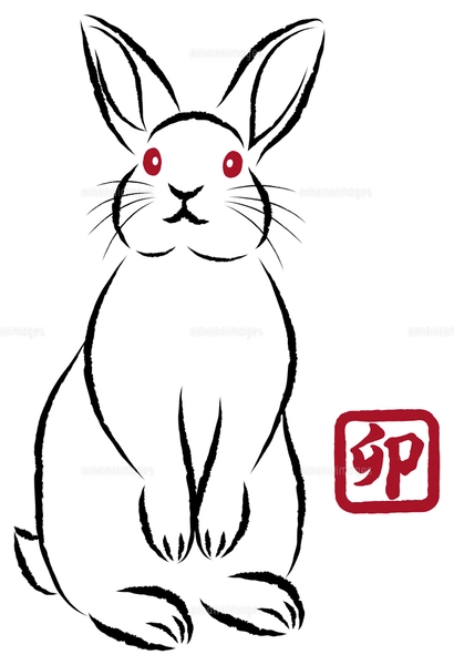 【原画】手描きうさぎイラスト タイトル『考えるウサギ』 年賀状素材 卯年 絵筆で描いた墨絵風のお洒落なウサギのイラスト