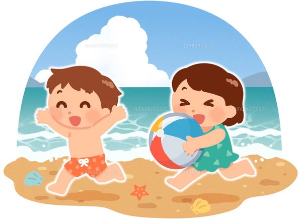 砂浜を走る男の子と女の子のイラスト素材 [FYI05116666] | ストック