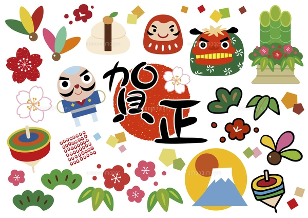 祝賀イラスト年賀デザイン縁起物和風正方形6点セット謹賀新年の