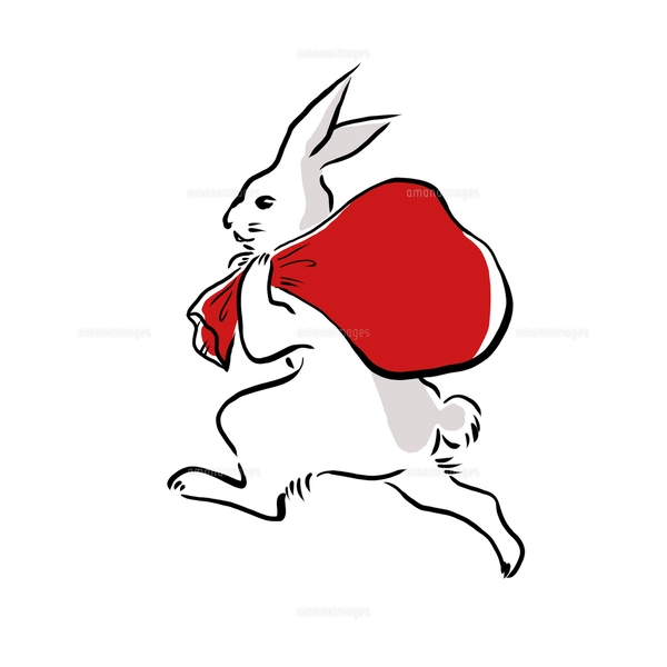 うさぎ絵 福袋を抱えて走るウサギの線画イラストのイラスト素材
