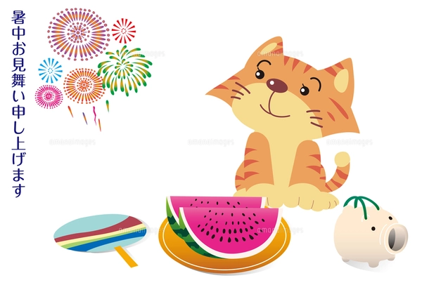 花火と猫と夏の風物詩の暑中見舞い状のイラスト素材 [FYI07435457