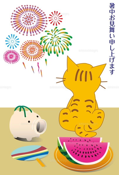 縁側で花火を見る猫と夏の風物詩の暑中見舞い状のイラスト素材
