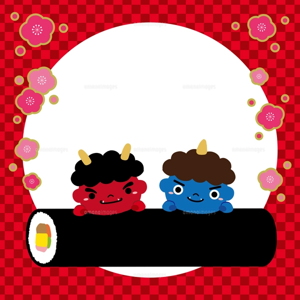 節分 赤鬼 青鬼 恵方巻 チラシ バナー イラスト/赤正方形の