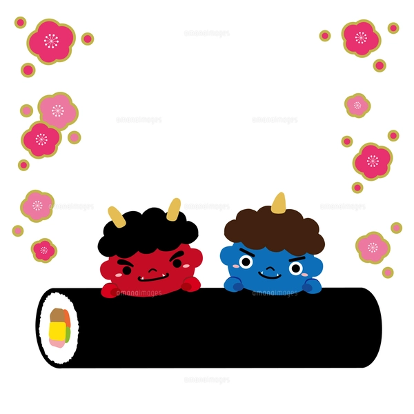 節分 赤鬼 青鬼 恵方巻 チラシ バナー イラスト/黄市松模様/文字