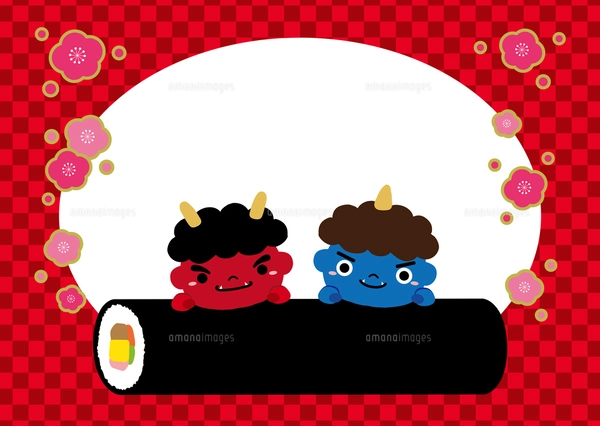 節分 赤鬼 青鬼 恵方巻 チラシ バナー イラスト/黄市松模様/文字なしの