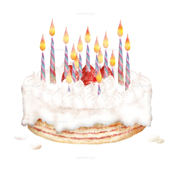 ケーキ 水彩画 手描き 一本のローソク付きチョコレートケーキの手描き水彩画のイラスト素材