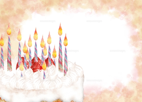 手描き水彩画のケーキにハート型花びらフレーム付きのイラスト素材