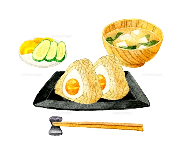 おにぎりのセット 和食の手描き水彩イラスト素材集のイラスト素材