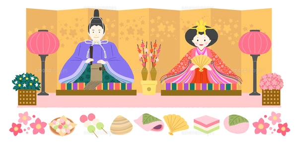 お内裏様とお雛様と三人官女、雛壇と小物入りのひな祭イラストの