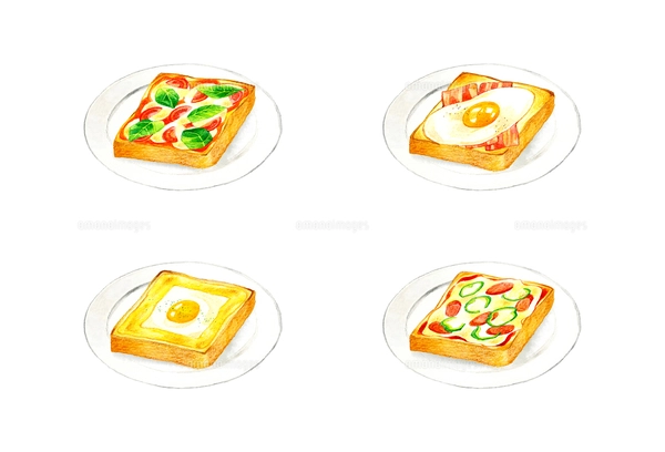 スイーツ系トーストのセット パンの手描き水彩イラスト素材のイラスト