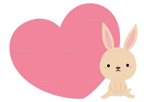 お座りうさぎとハートのタイトルイラスト/赤のイラスト素材