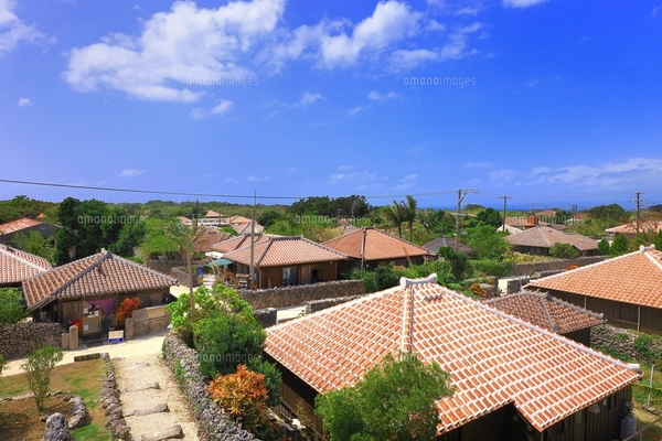 竹富島 赤瓦屋根の民家とシーサー 沖縄県の写真素材 [FYI07739550