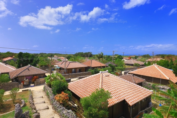 竹富島 赤瓦屋根の民家とシーサー 沖縄県の写真素材 [FYI07739550