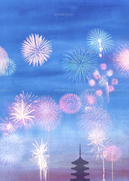 花火の絵 水彩画風明るい花火と五重塔のイラスト素材 [FYI07793981