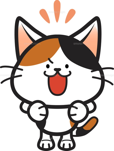 片手を上げる三毛猫のキャラクター かわいい動物のイラスト素材の