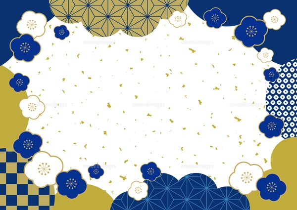 梅と和柄 和風 新春 バナー フレーム 背景/朱・金箔のイラスト