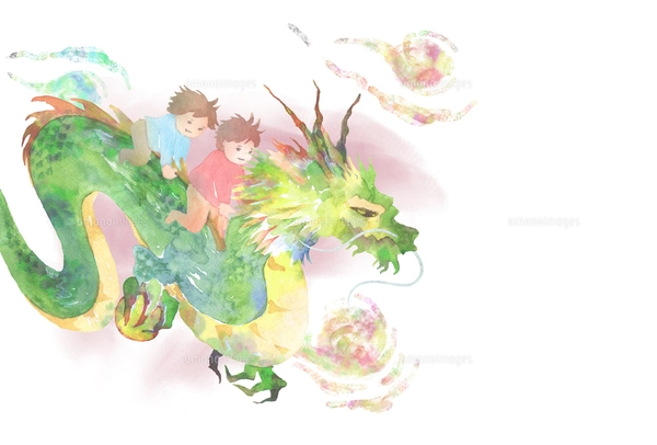 子どもを乗せた龍の水彩画のイラスト素材 [FYI07841395] | ストック