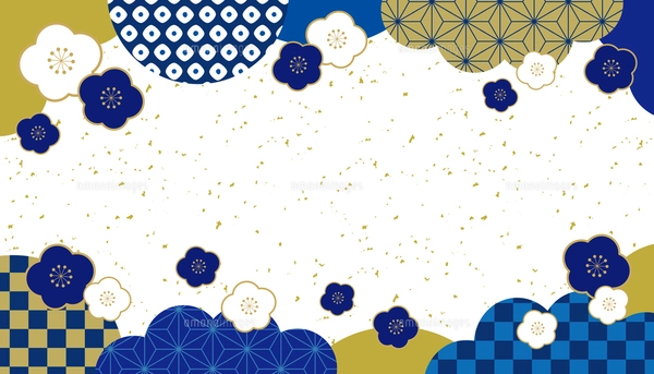 梅と和柄 和風 新春 バナー フレーム 背景/上下柄・赤・金箔のイラスト