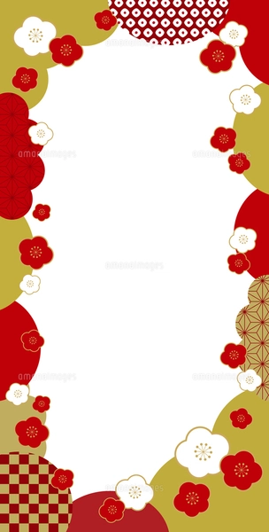 梅と和柄 和風 新春 バナー フレーム 背景/縦長・朱色・白窓のイラスト