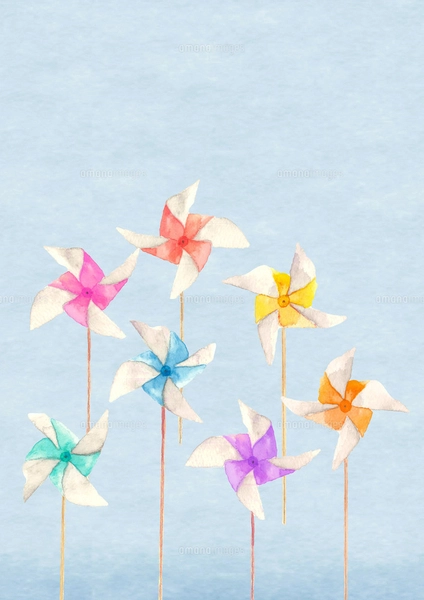 水彩で描いた5本のカラフルな風車のセット 白バックのイラスト素材