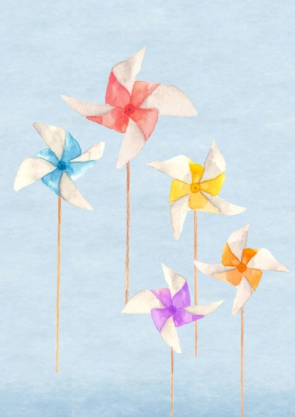 水彩で描いた5本のカラフルな風車のセット 白バックのイラスト素材