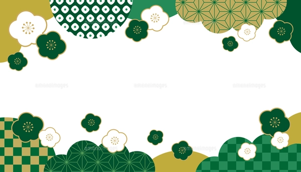 梅と和柄 和風 新春 バナー フレーム 背景/上下柄・緑・金箔のイラスト