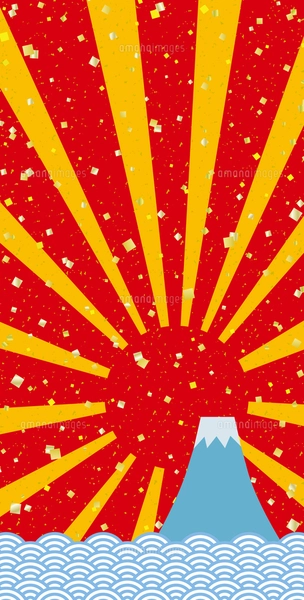富士山 初日の出 青海波に金箔と紙吹雪のバナー 背景/縦長・赤・朱色の