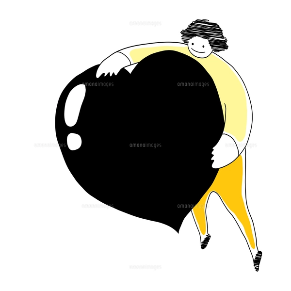 大きなハートを抱えている人の線画イラスト 白黒のイラスト素材