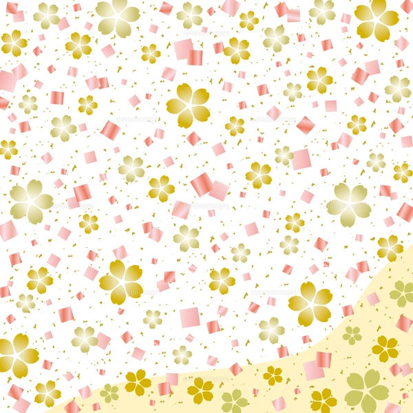 桜の花と金箔紙吹雪の和風背景/正方形/ピンク・金のイラスト素材