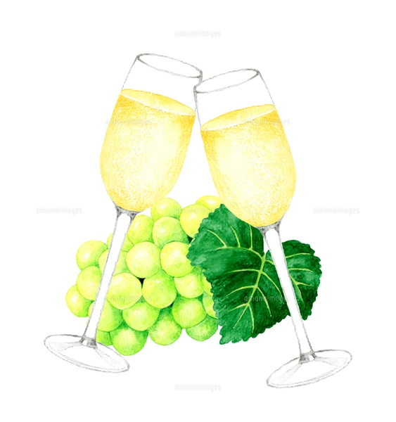 スパークリングワインとぶどう お酒の手描き水彩イラスト素材の