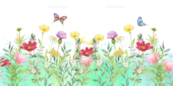 いろいろな花の花畑とチョウチョの水彩画のイラスト素材 [FYI08024181