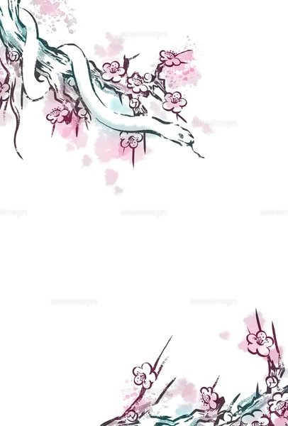 手描きの蛇と梅の花 はがきサイズのイラスト素材 [FYI08029772